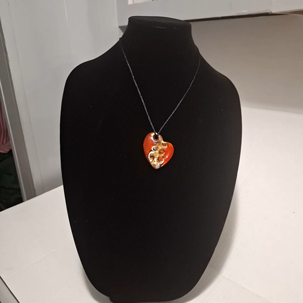 Artisan Red and gold Swirl Heart Necklace 20 in